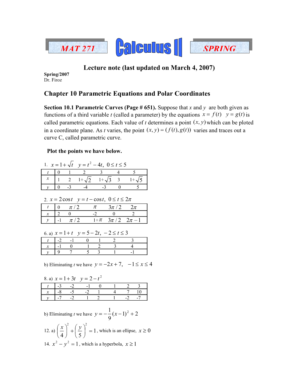 Chapter 10 Parametric Equations and Polar Coordinates