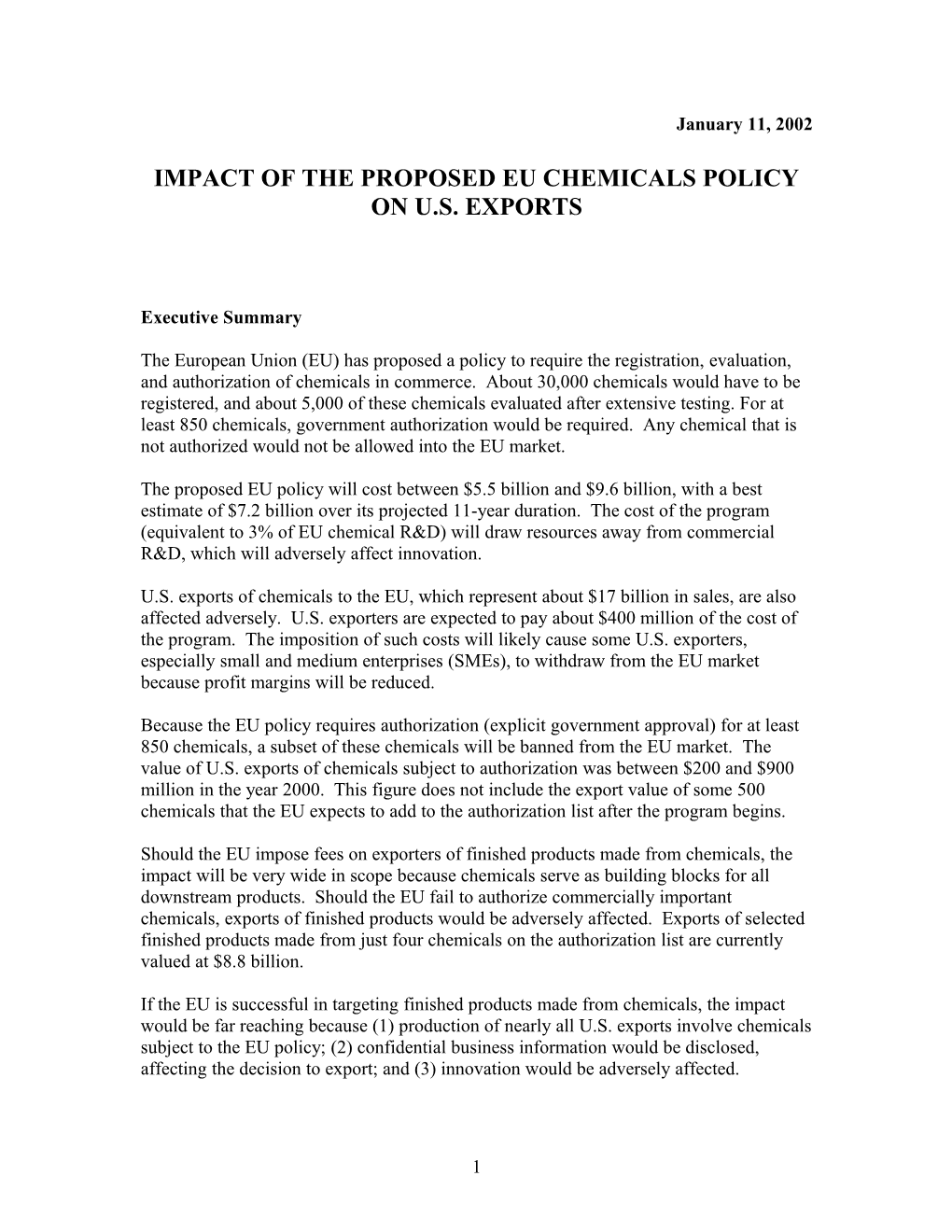 Impact of the Eu Proposed Chemicals Policy on Us Exports