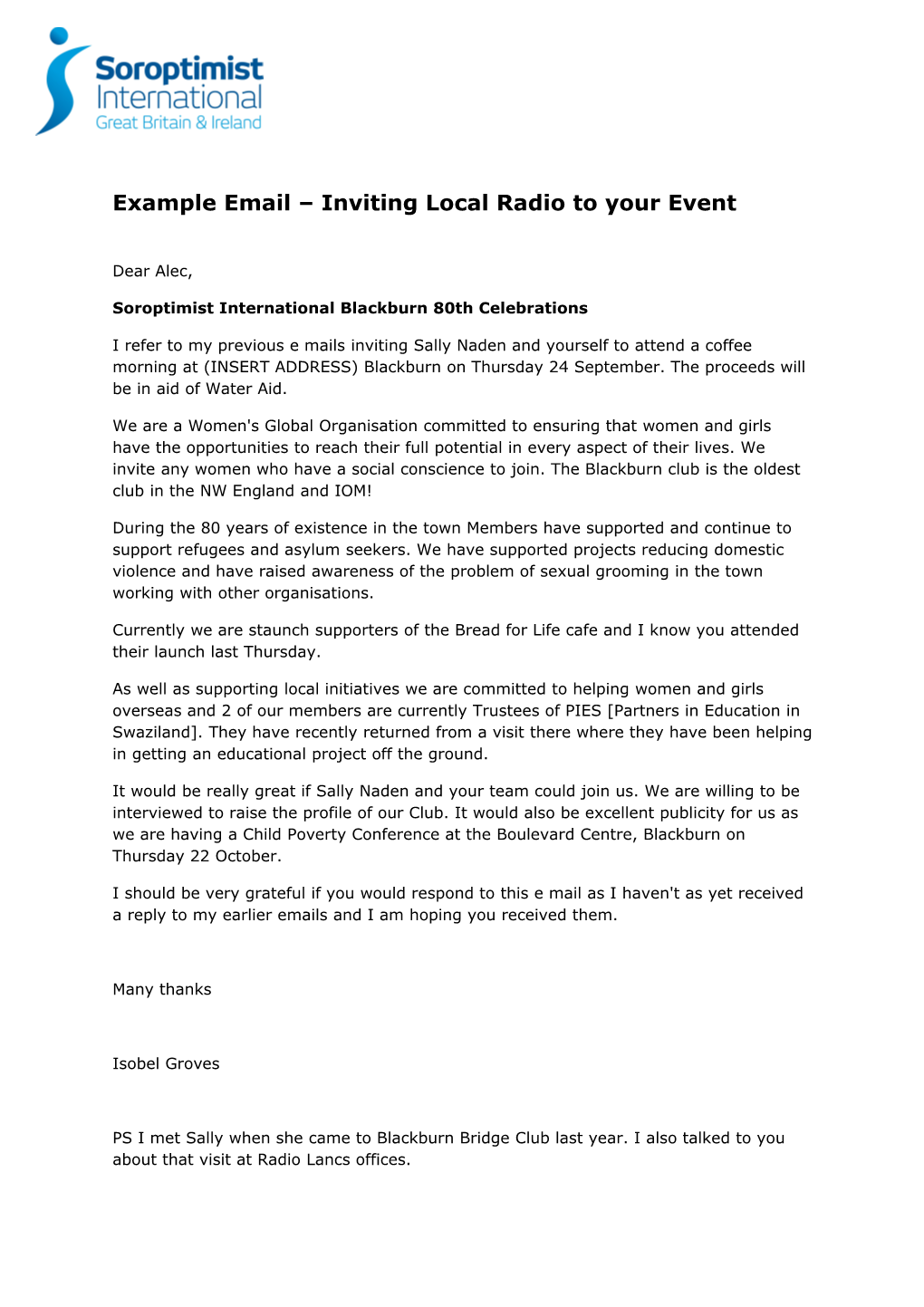 Example Email Inviting Local Radio to Your Event