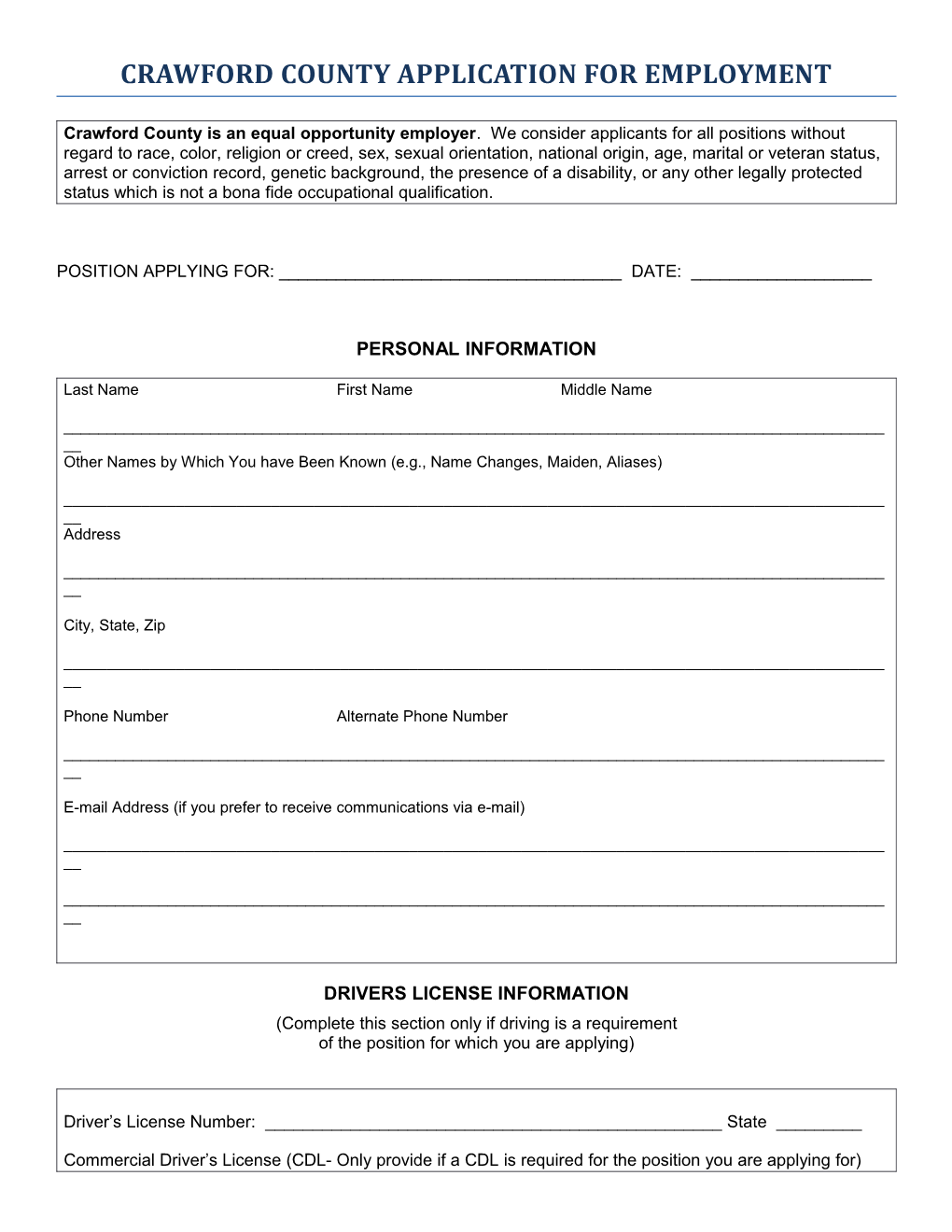 Crawford County Application for Employment