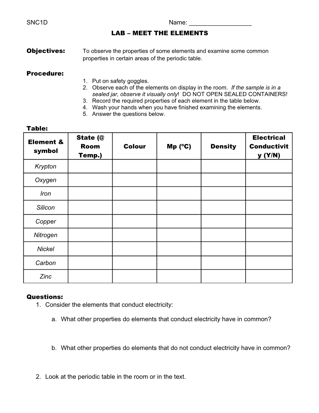 Chemistry 10- Lab: Meet the Elements