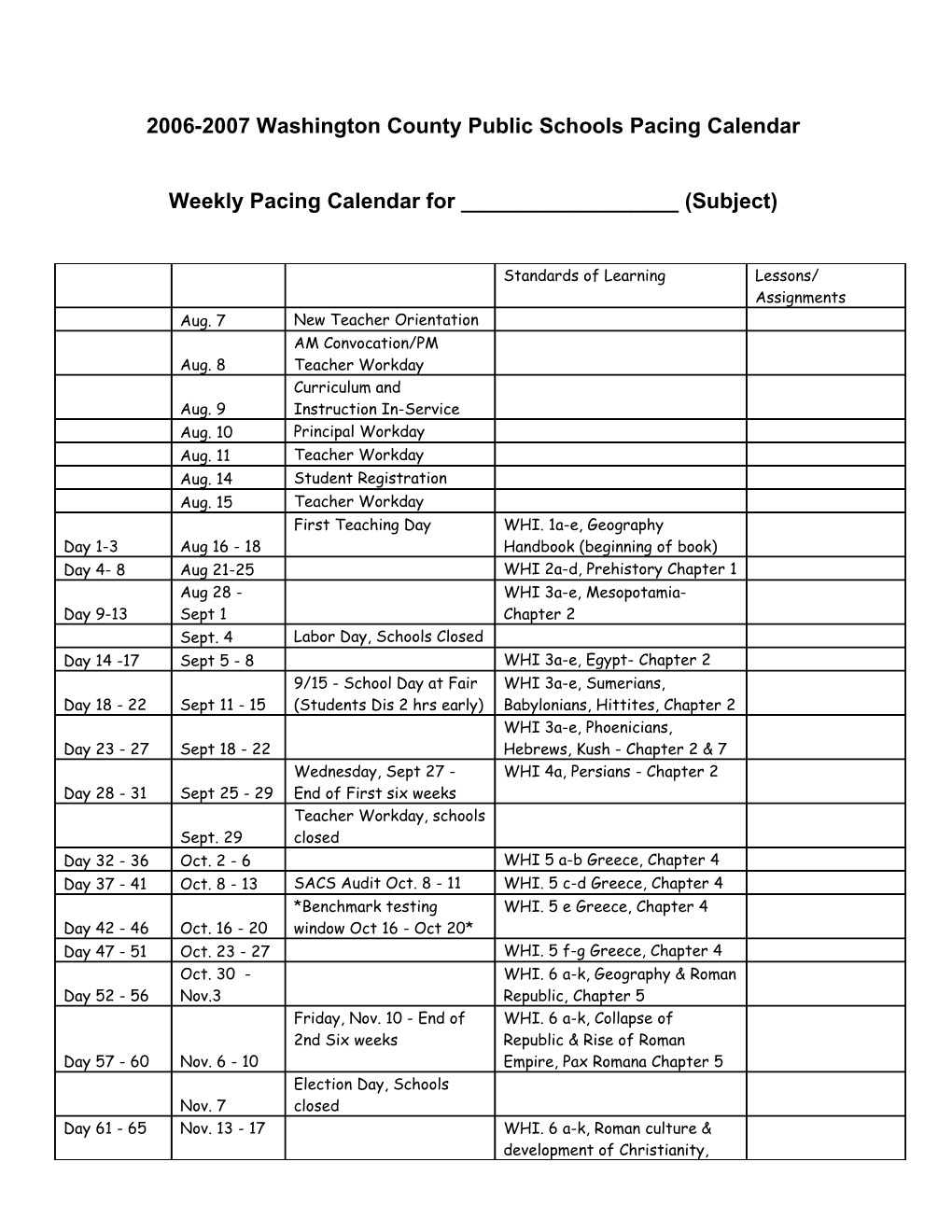 2006-2007 Washington County Public Schools Pacing Calendar