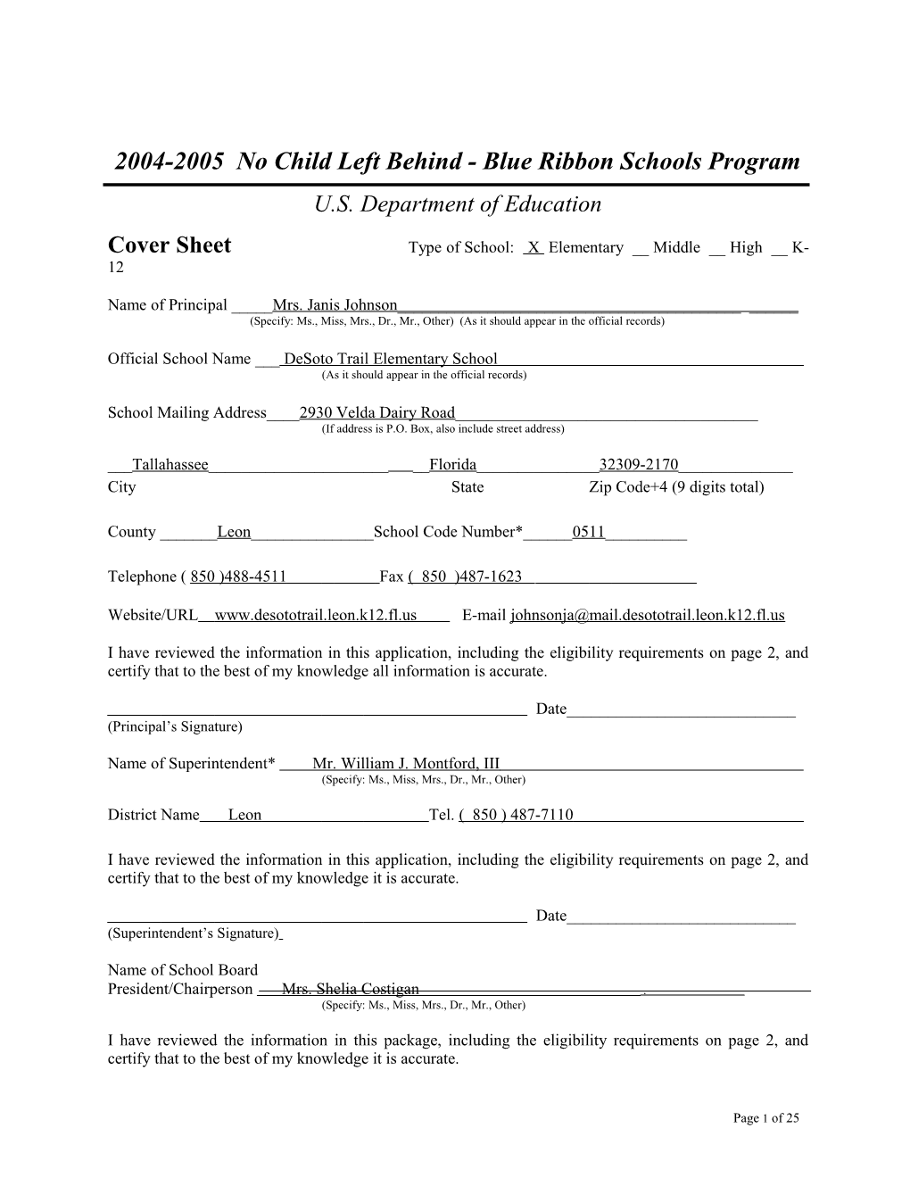 Desoto Trail Elementary School Application: 2004-2005, No Child Left Behind - Blue Ribbon