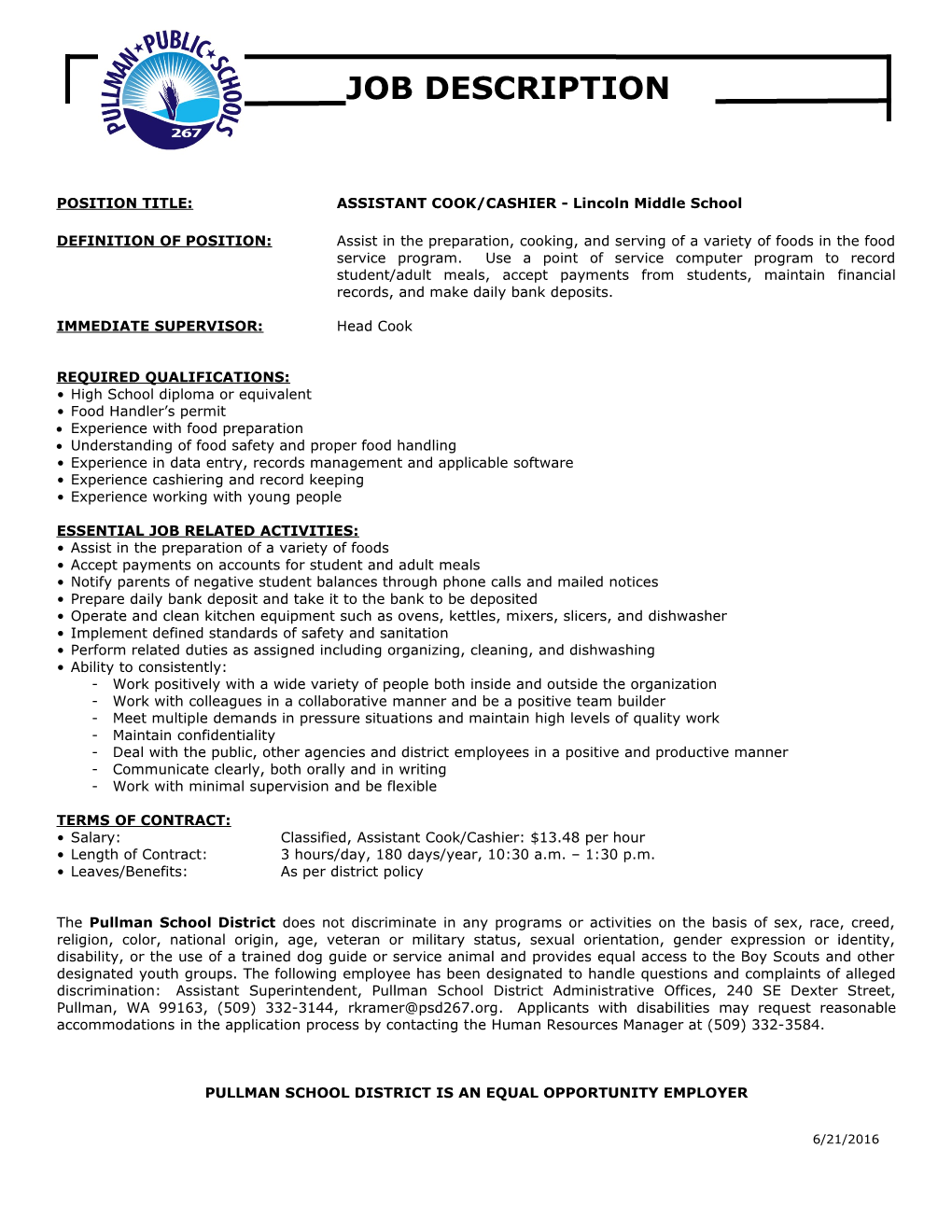 POSITION TITLE: ASSISTANT COOK/CASHIER - Lincoln Middle School