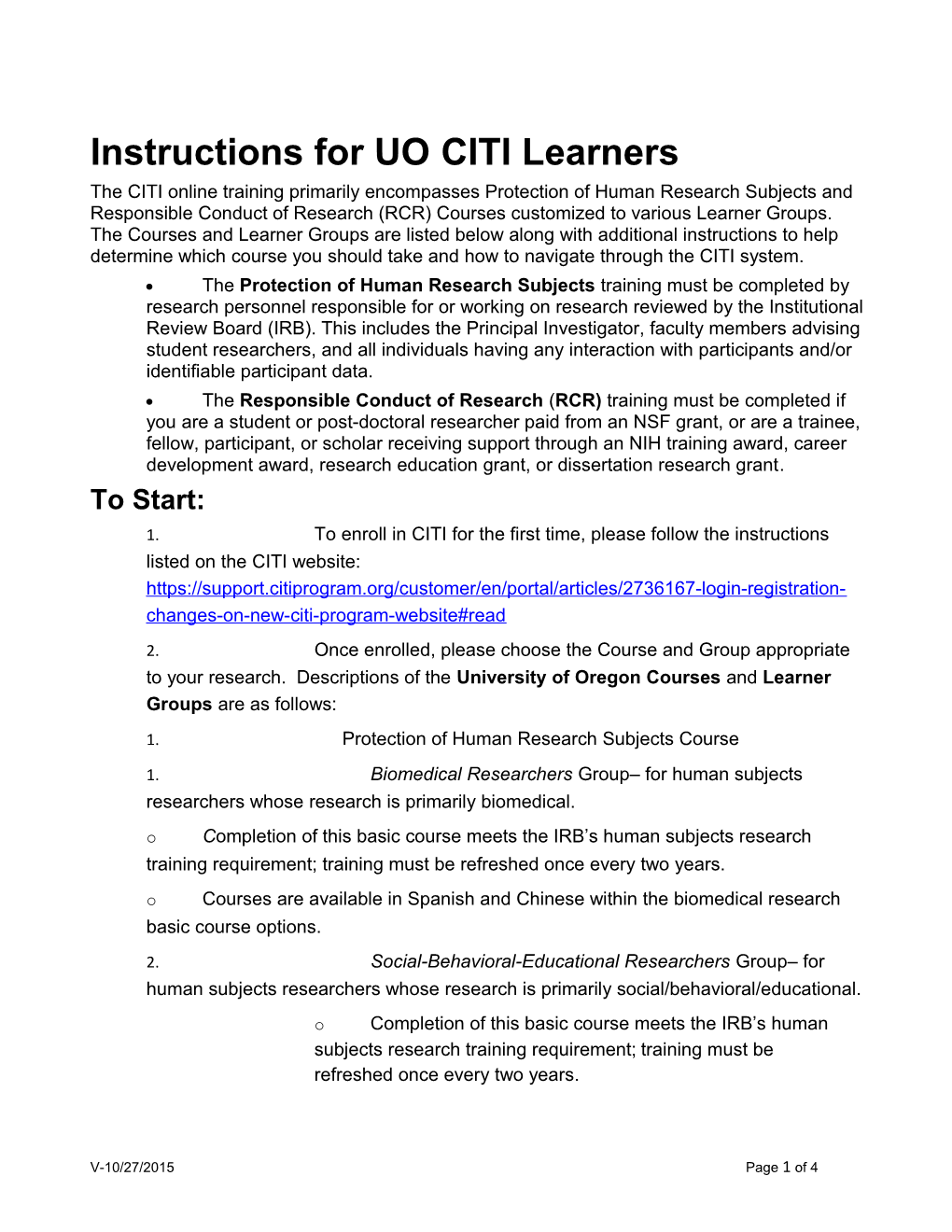 Instructions for UO CITI Learners
