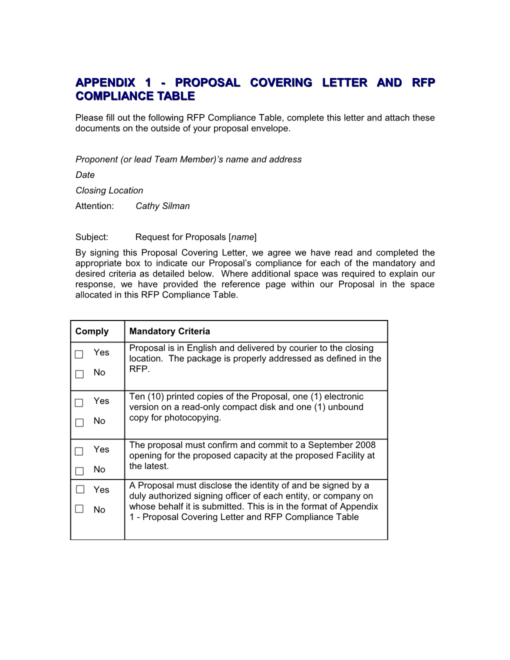 Appendix 1 - Proposal Covering Letter And Rfp Compliance Table