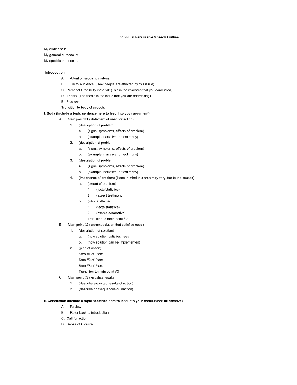 Individual Persuasive Speech Outline