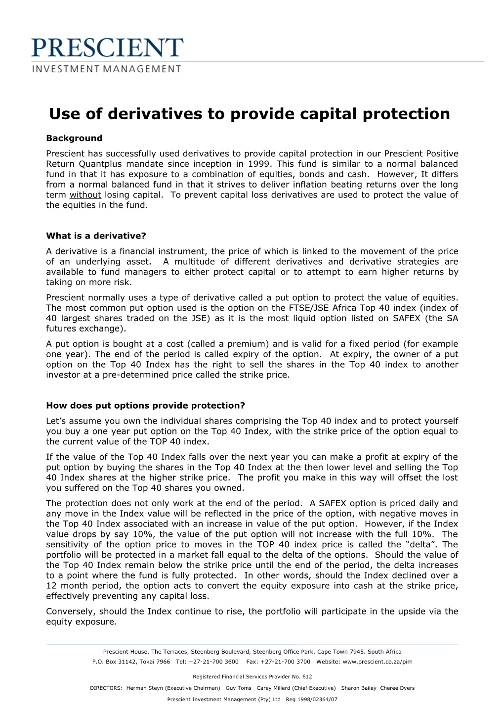 Use of Derivatives to Provide Capital Protection