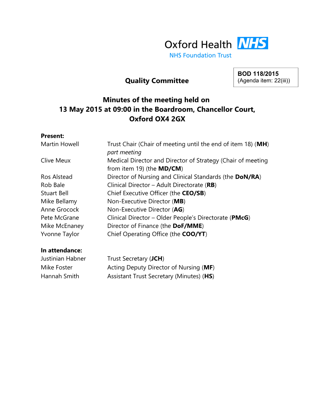 Minutes of the Quality Committee, 13 May 2015