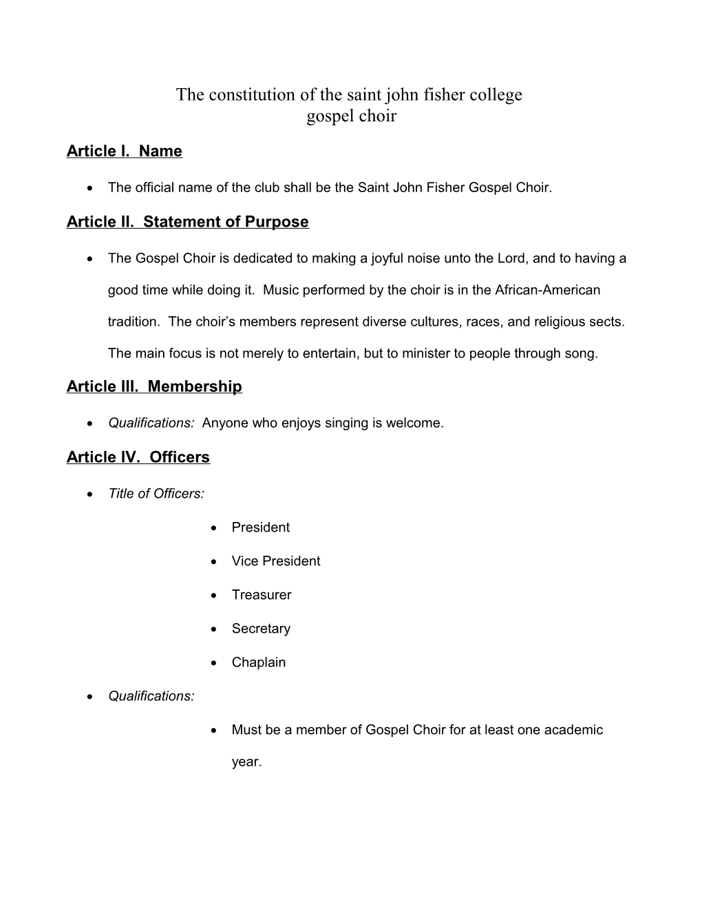The Constitution of the Saint John Fisher College Gospel Choir