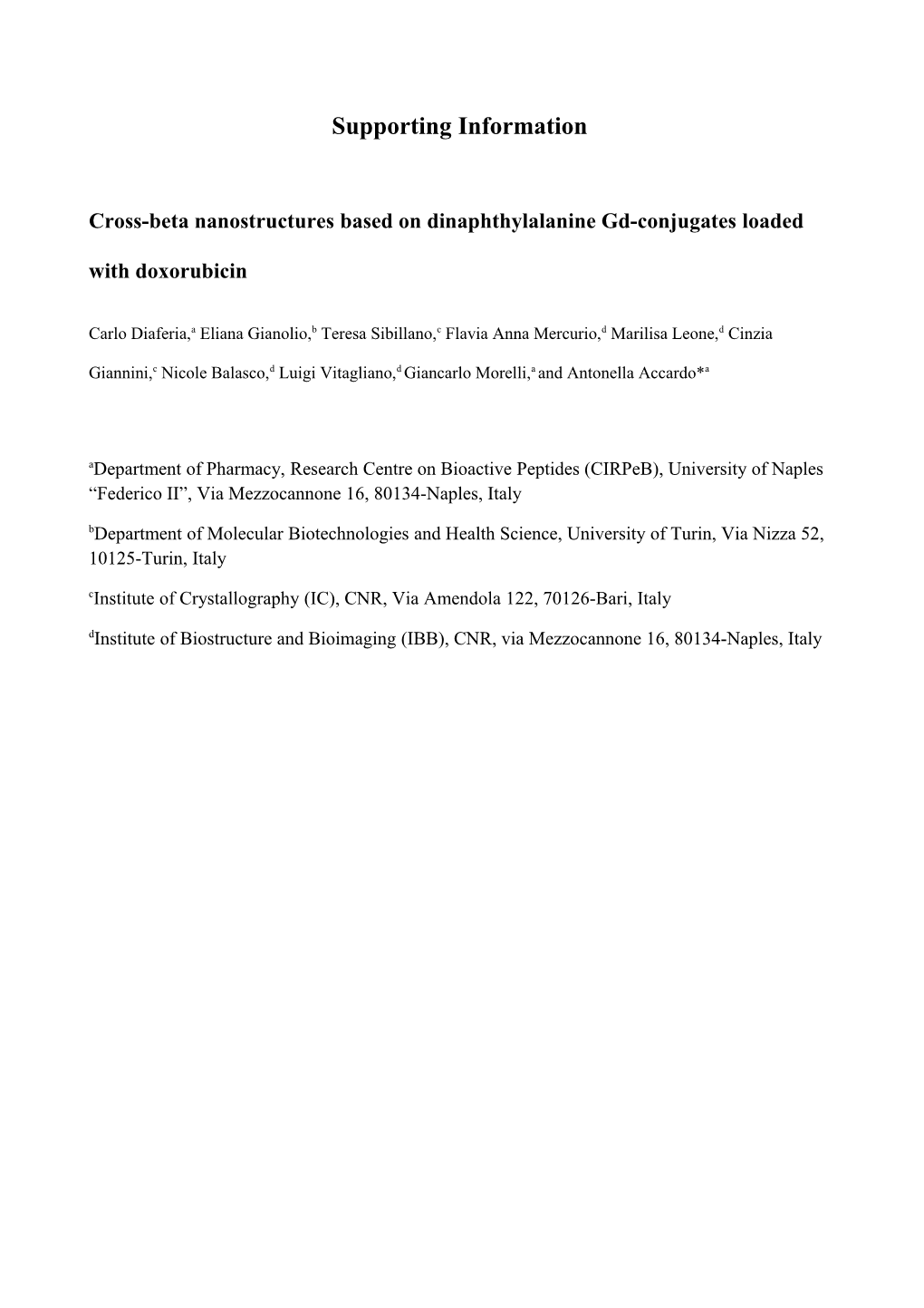 Cross-Beta Nanostructures Based on Dinaphthylalanine Gd-Conjugates Loaded with Doxorubicin
