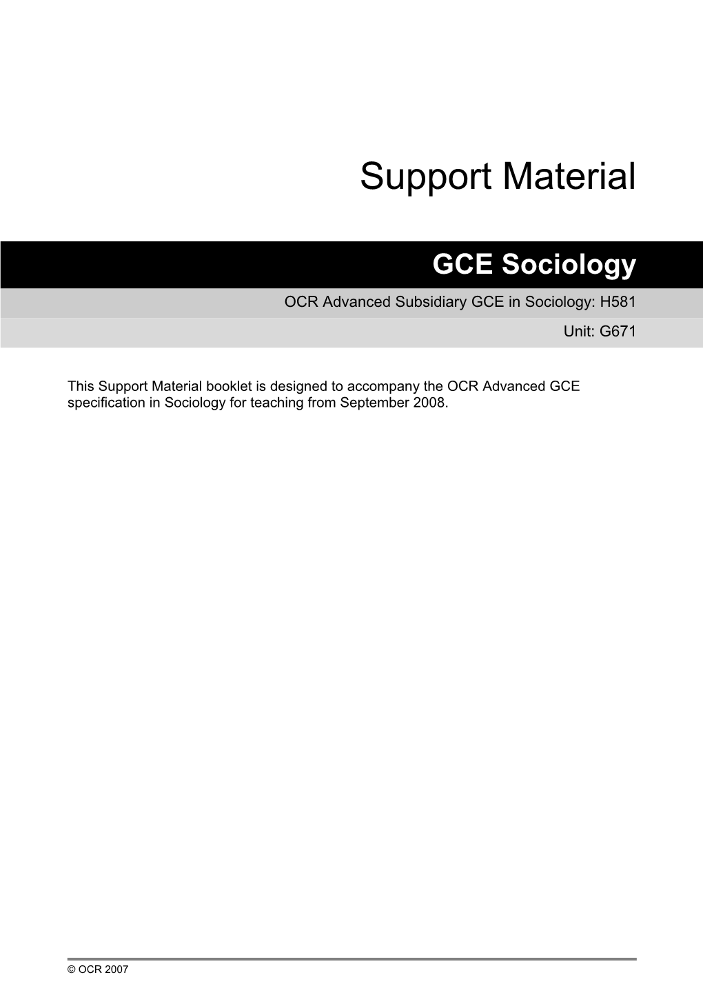 OCR Advanced Subsidiary GCE in Sociology: H581