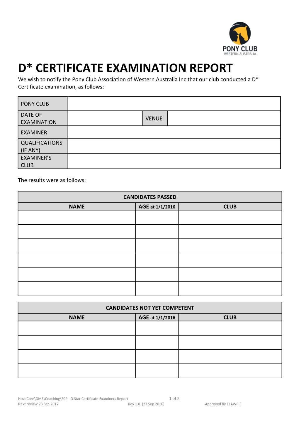 D Certificate Examination Report
