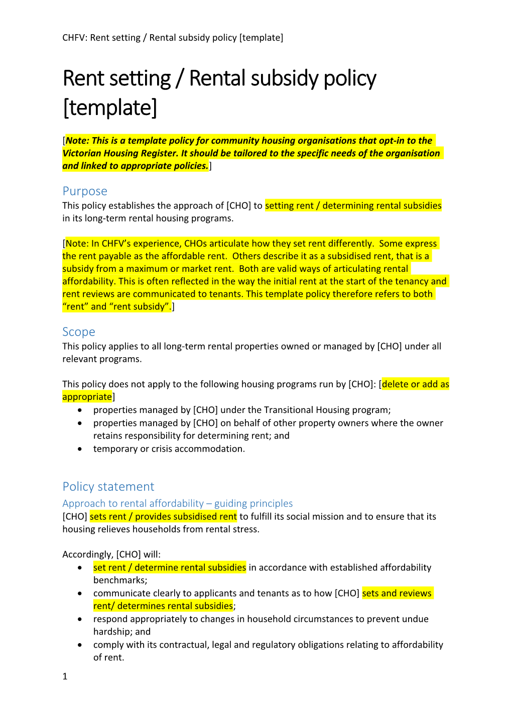 Rentsetting / Rental Subsidy Policy Template