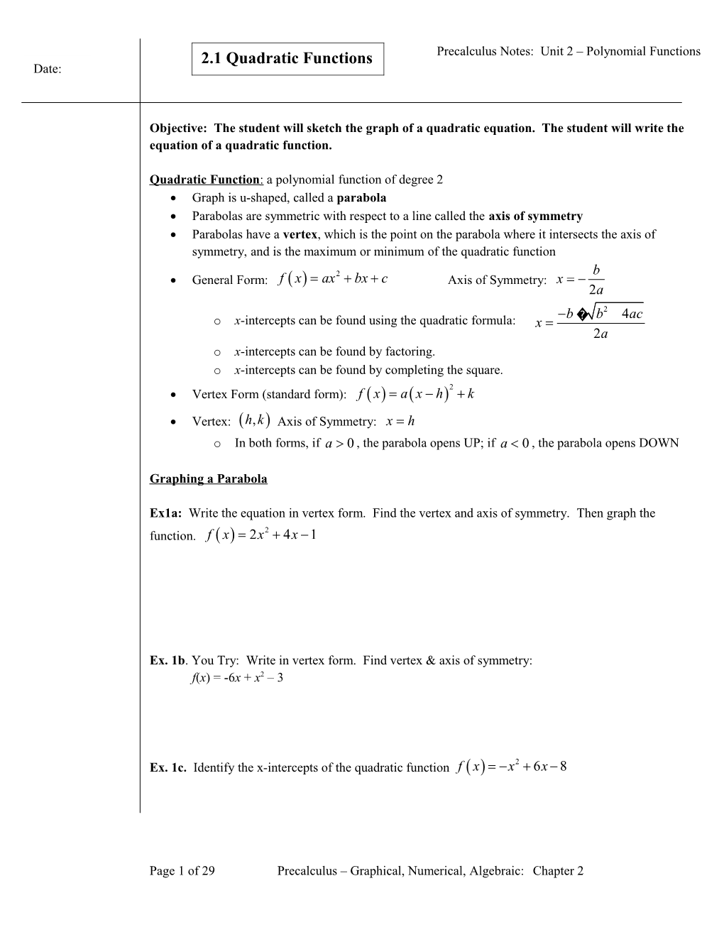 Precalculus Notes: Unit 2 Polynomial Functions