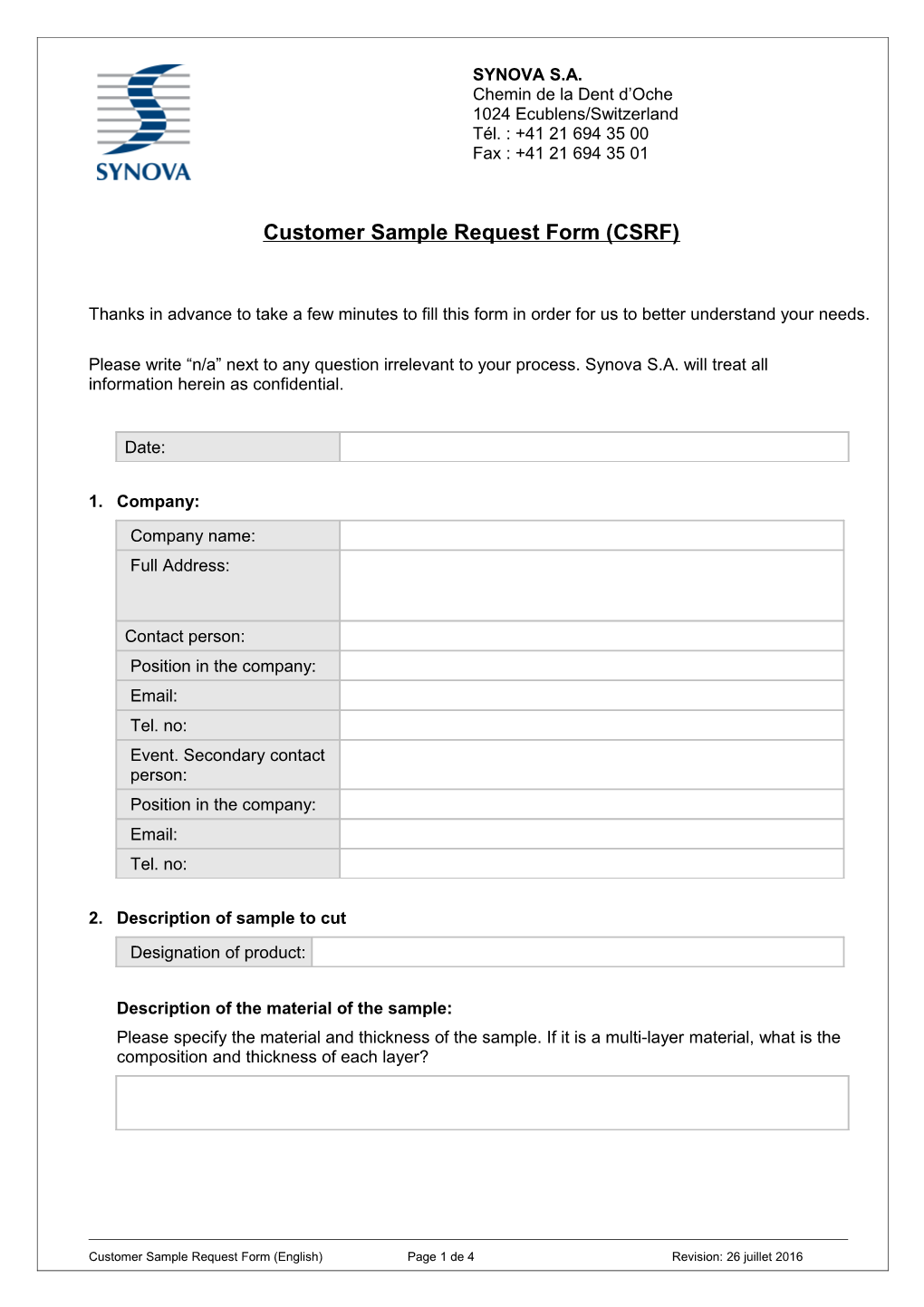 Customer Sample Request Form (CSRF)