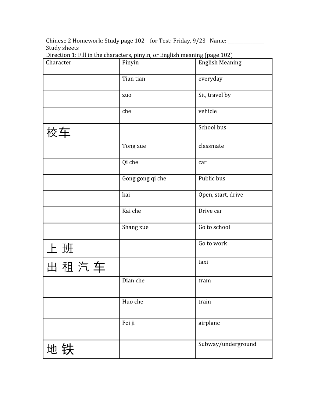 Direction 1: Fill in the Characters, Pinyin, Or English Meaning (Page 102)