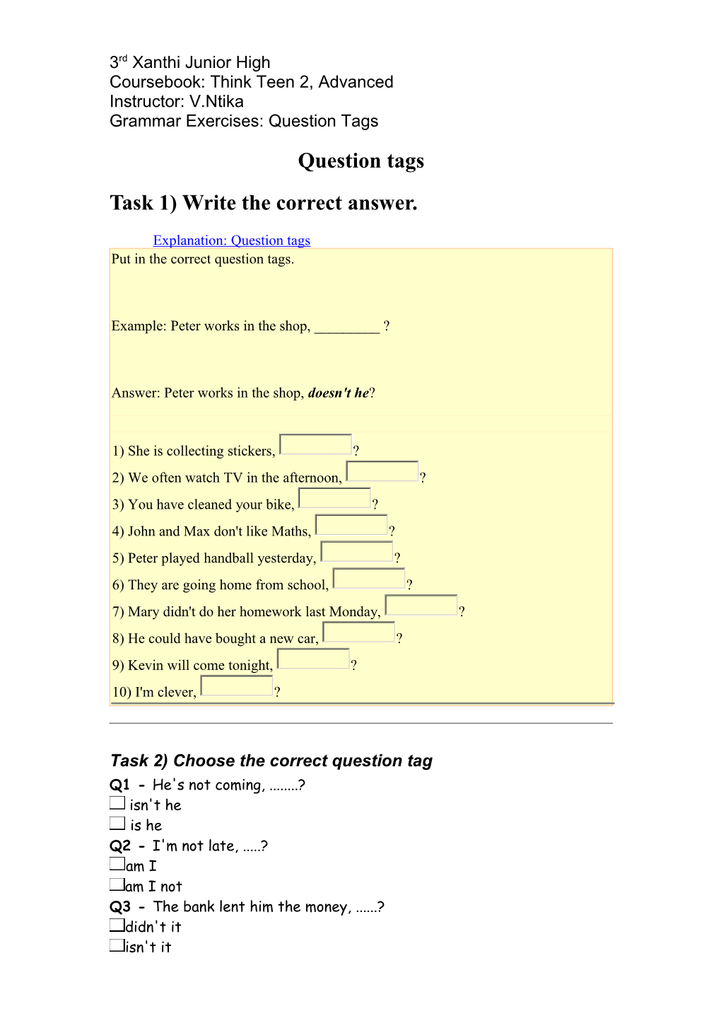 Question Tags - Fill-In Exercise 3