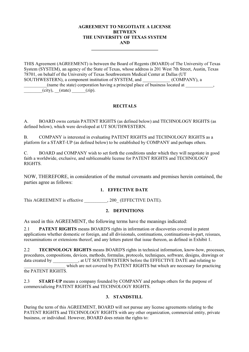 Agreement to Negotiate a License
