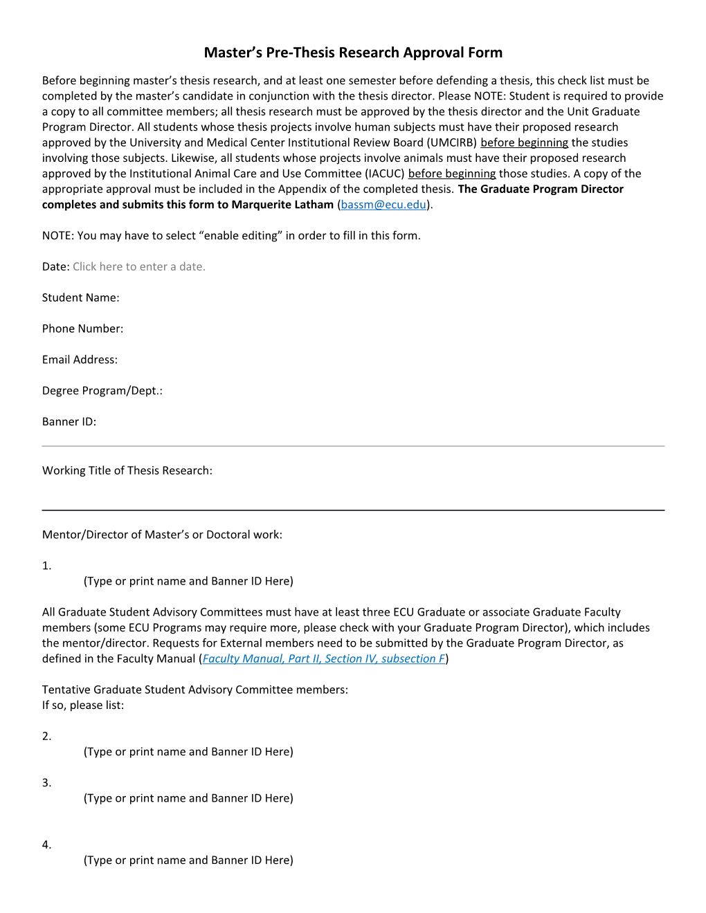Master S Pre-Thesis Research Approval Form