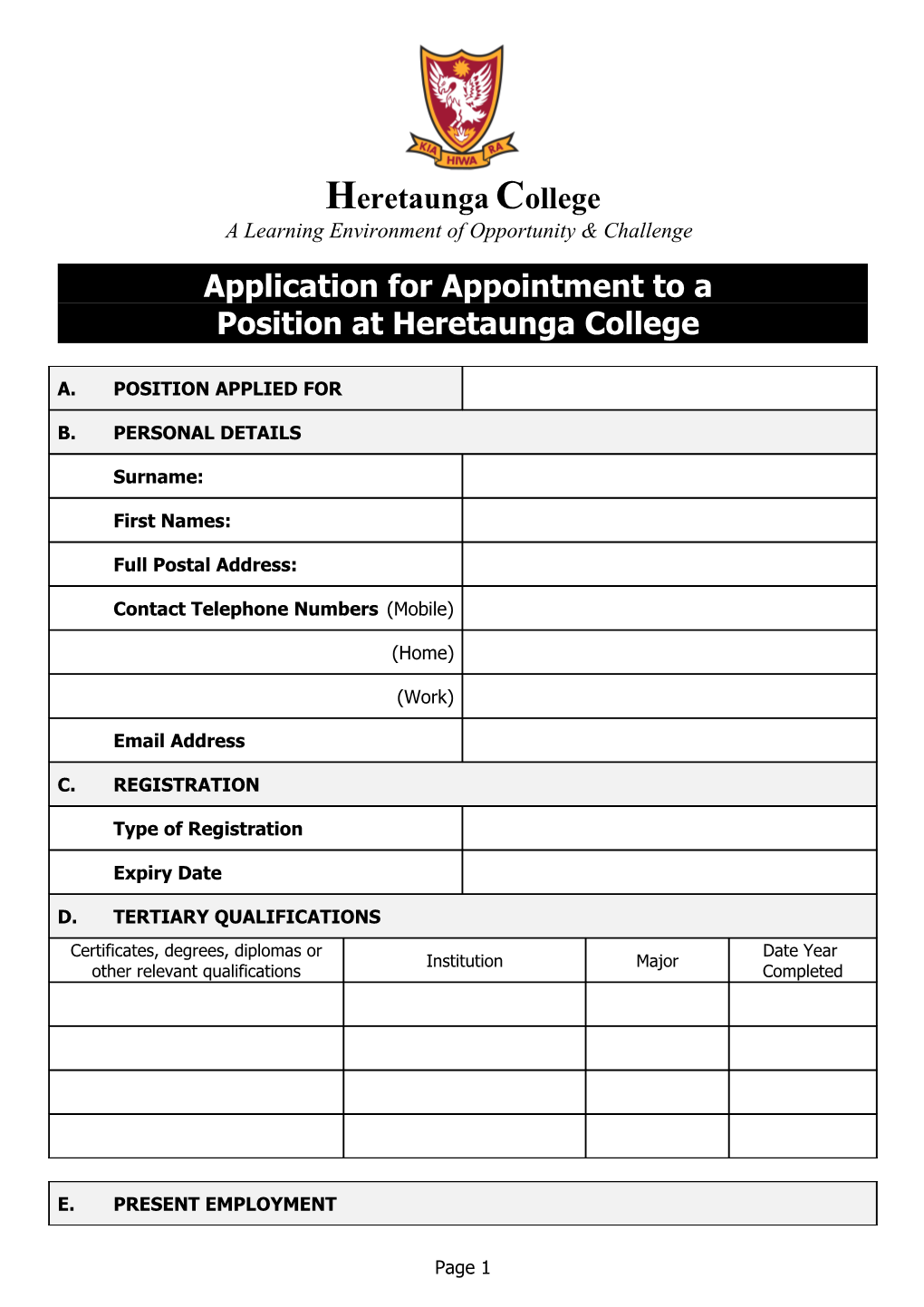 Application for Appointment to a Position