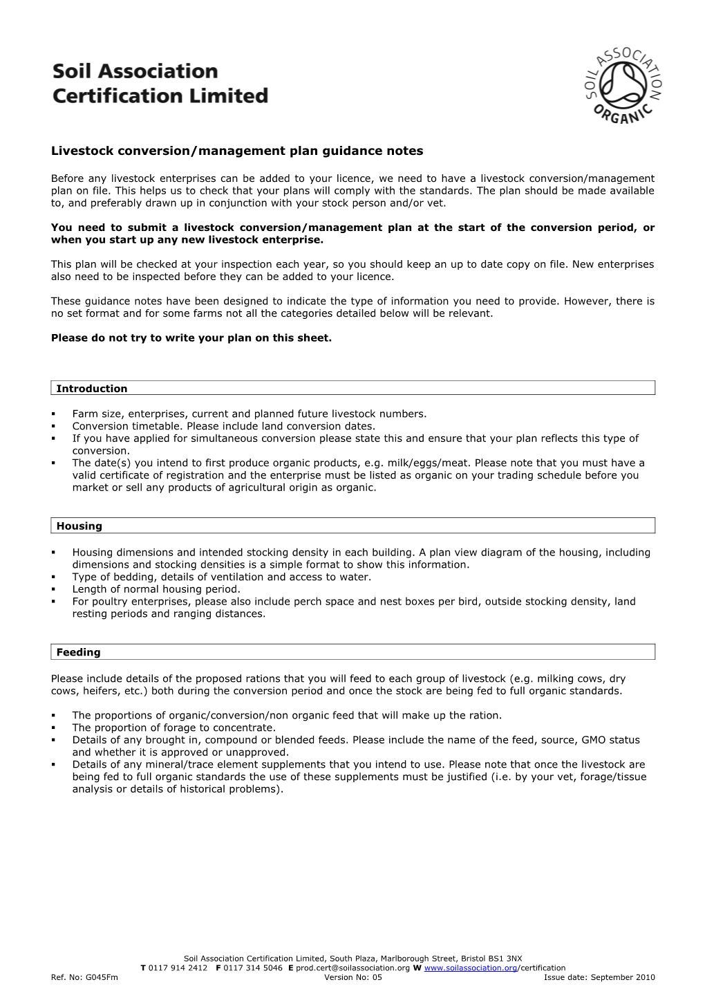 Livestock Conversion/Management Plan Guidance Notes