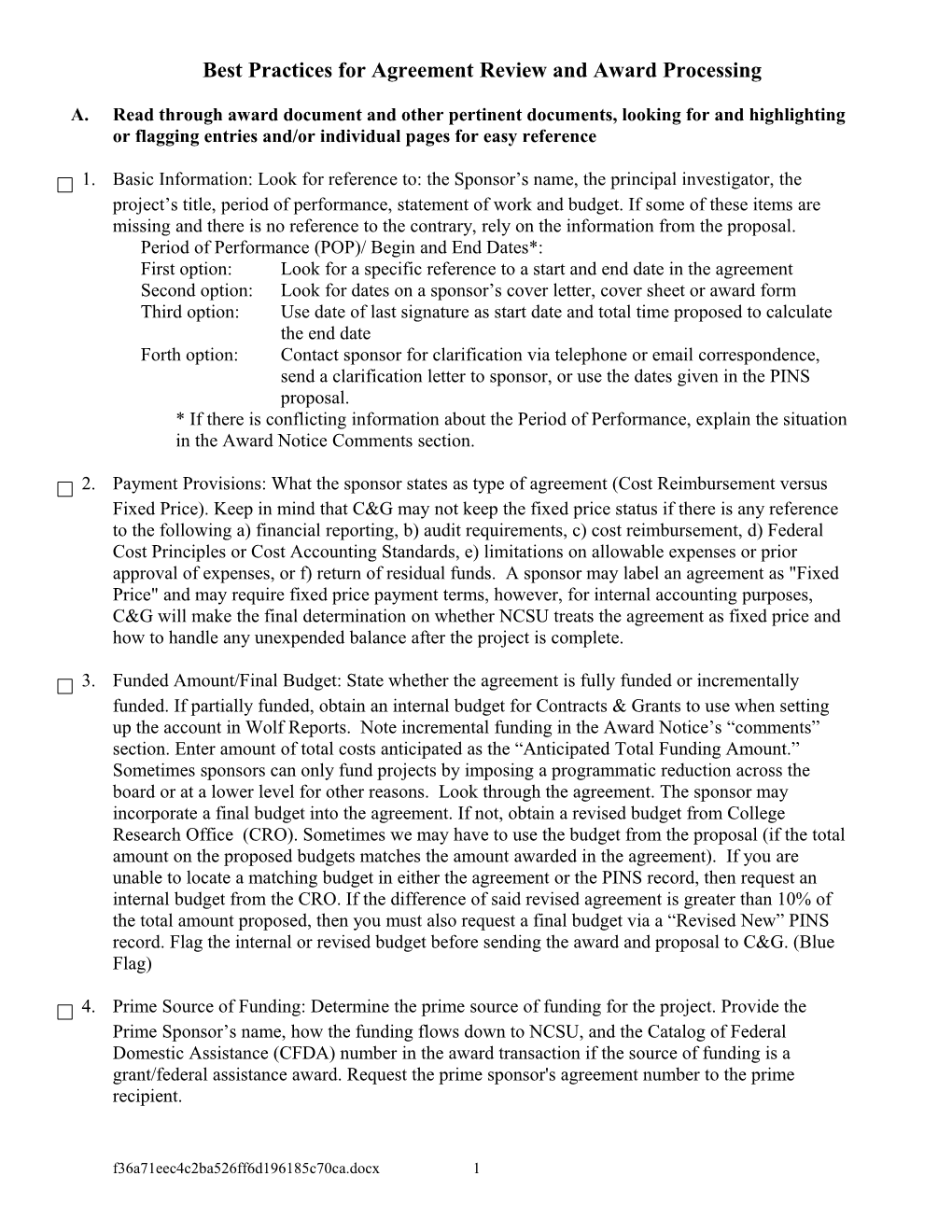 Sparcs/C&G Triage of New Award Documents