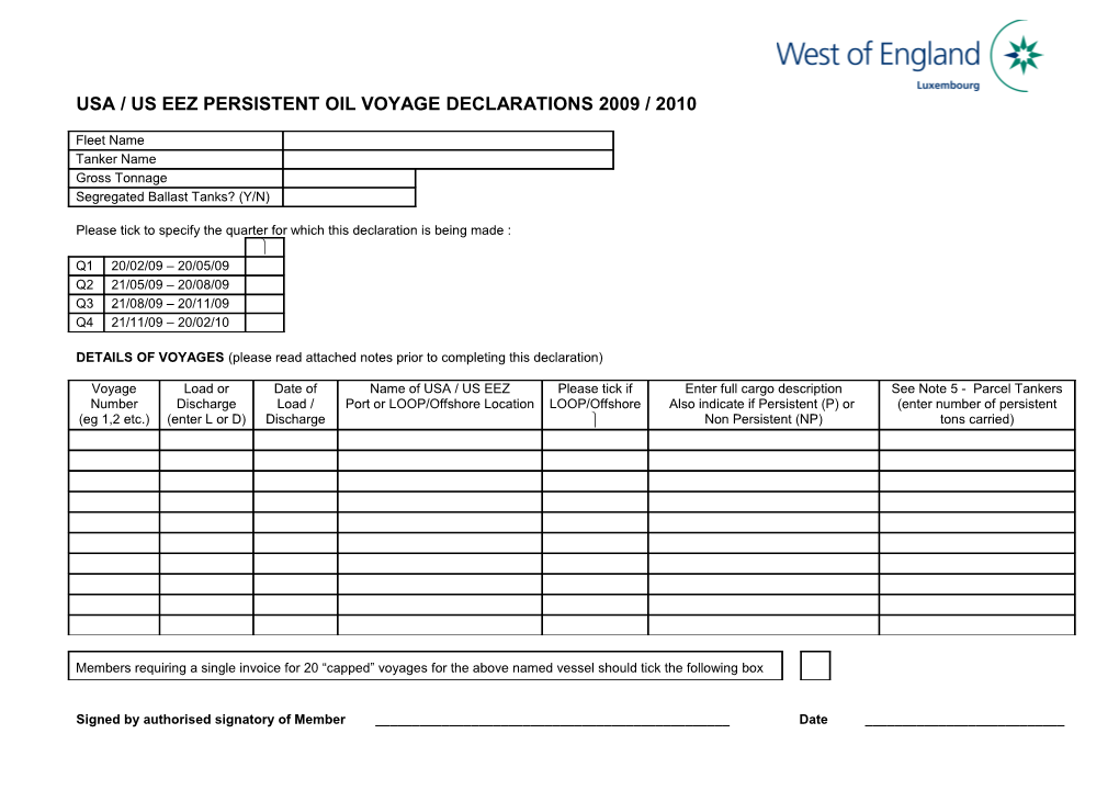 Usa / Us Eez Persistent Oil Voyage Declarations 2009 / 2010