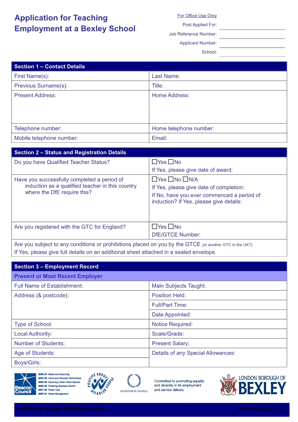 Application for Teaching Employment at a Bexley School