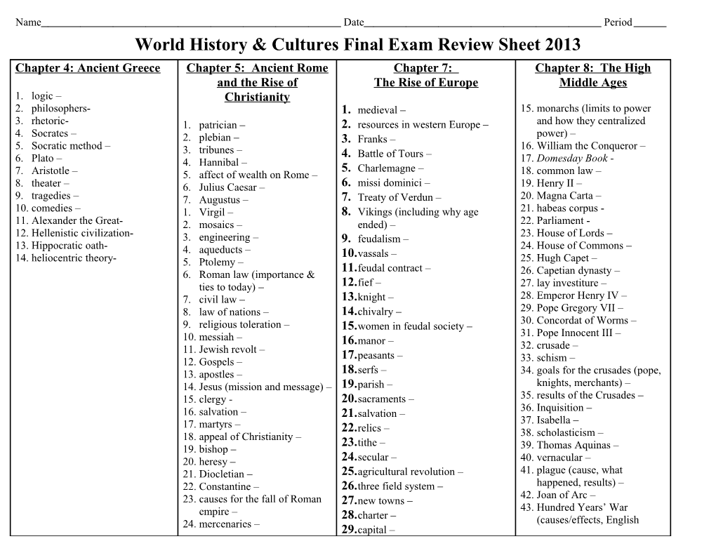 World History & Cultures Final Exam Review Sheet 2013