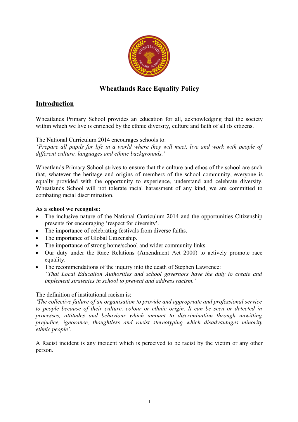 Wheatlands Race Equality Policy