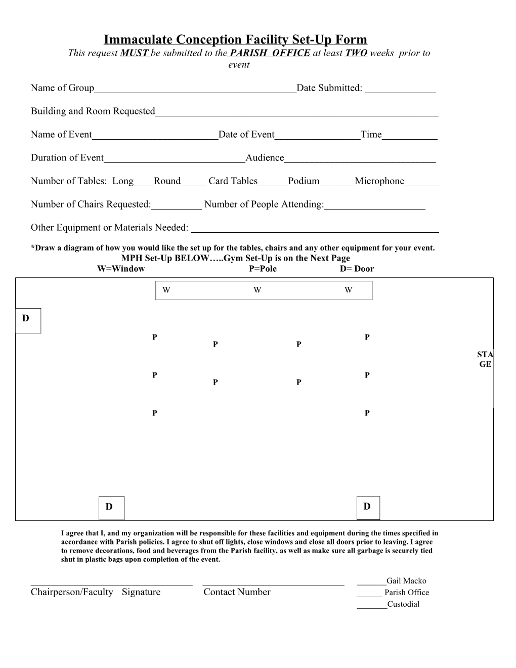 Immaculate Conception Grade School Facility Set-Up Form
