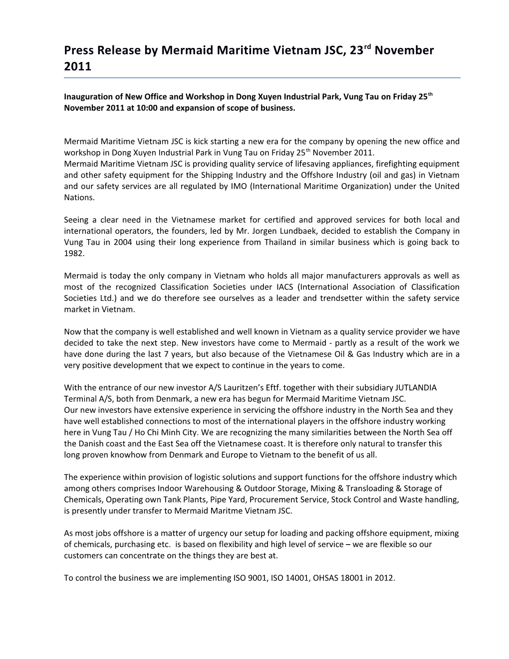 Press Release by Mermaid Maritime Vietnam JSC, 23Rd November 2011
