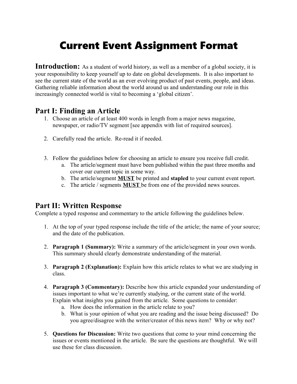 Current Event Assignment Format