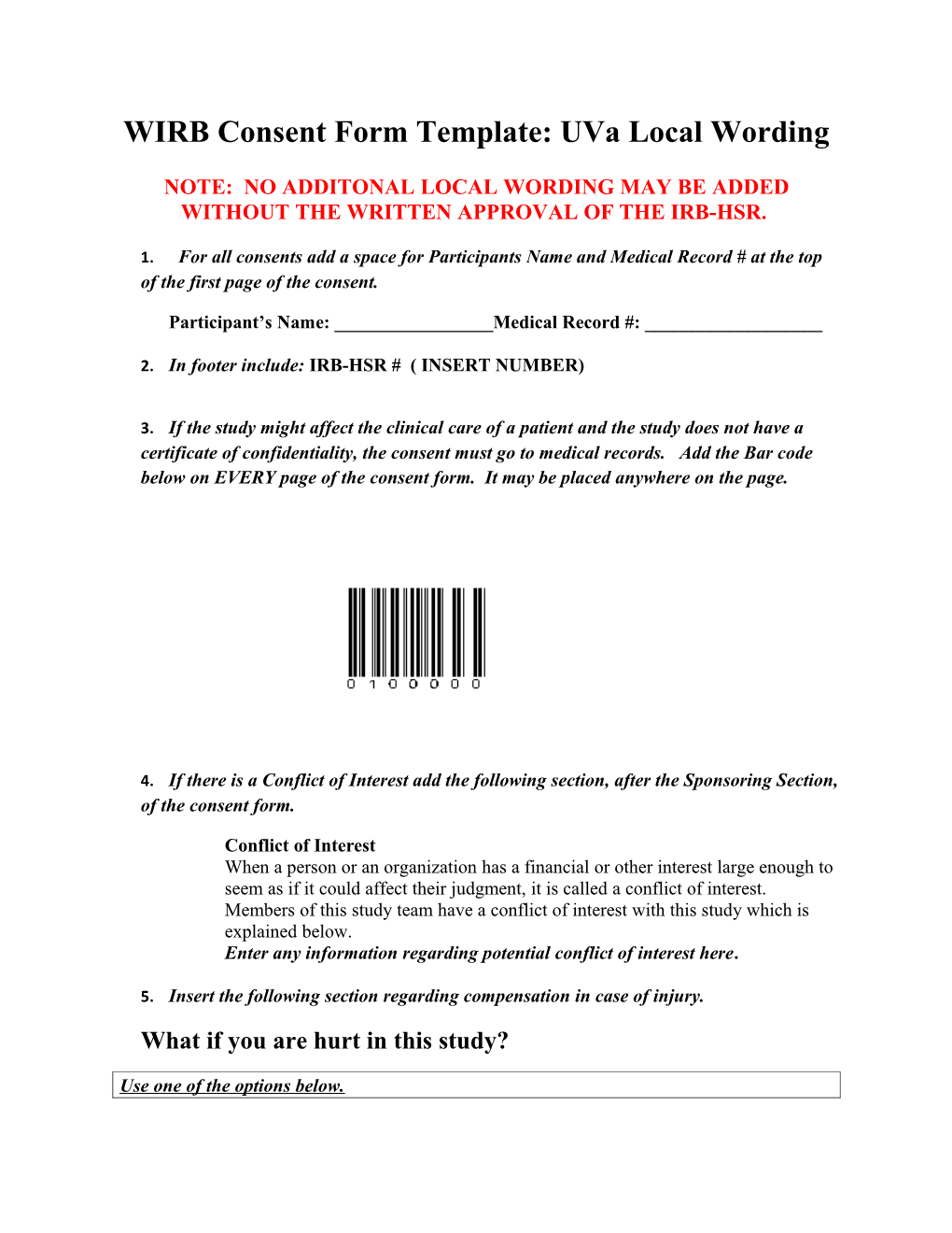 WIRB Consent Form Template: Uva Local Wording