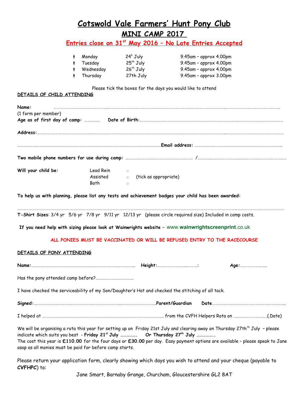 JUNIOR CAMP 2008 Application Form