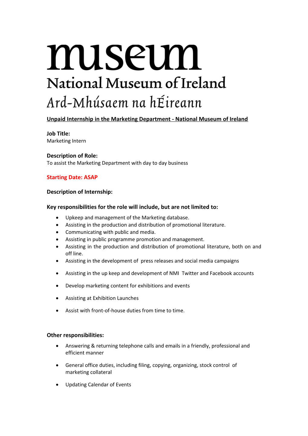 Internship in the Marketing Department, National Museum of Ireland