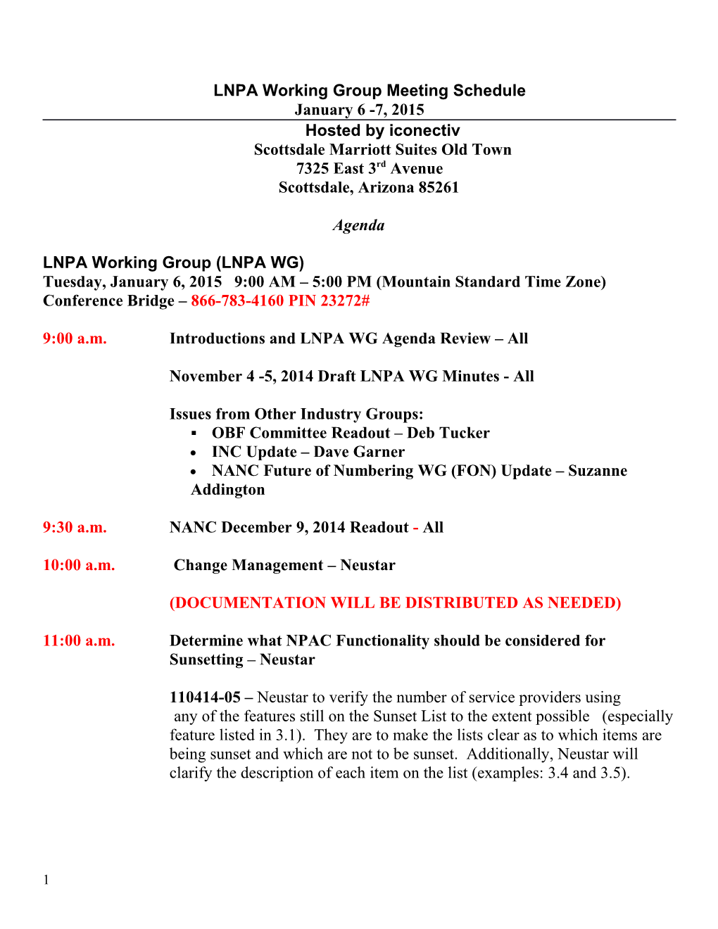 LNPA Working Group Meeting Schedule