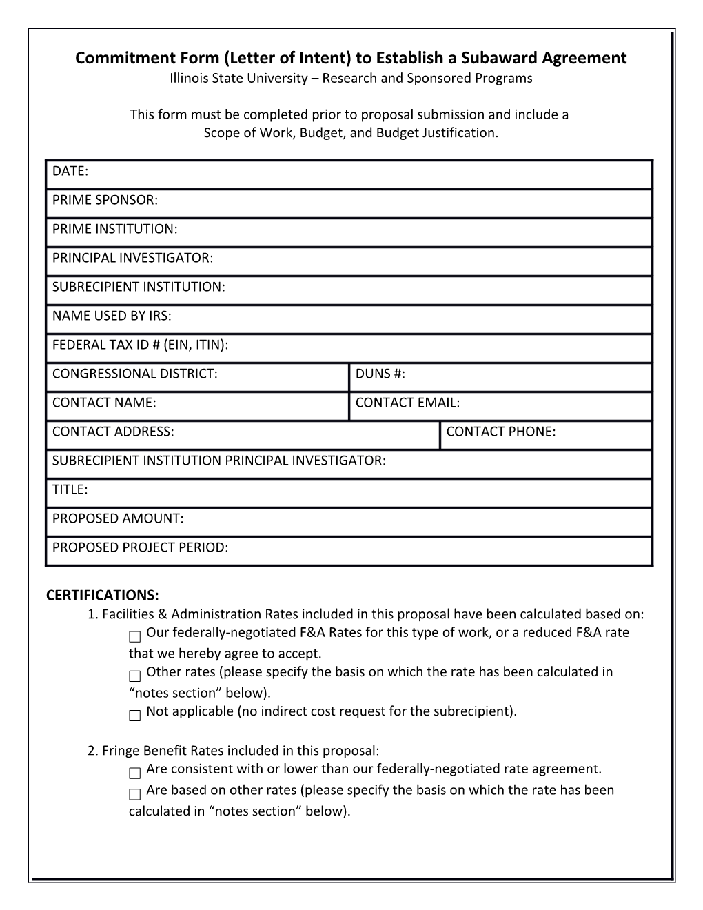 Commitment Form (Letter of Intent) to Establish a Subaward Agreement
