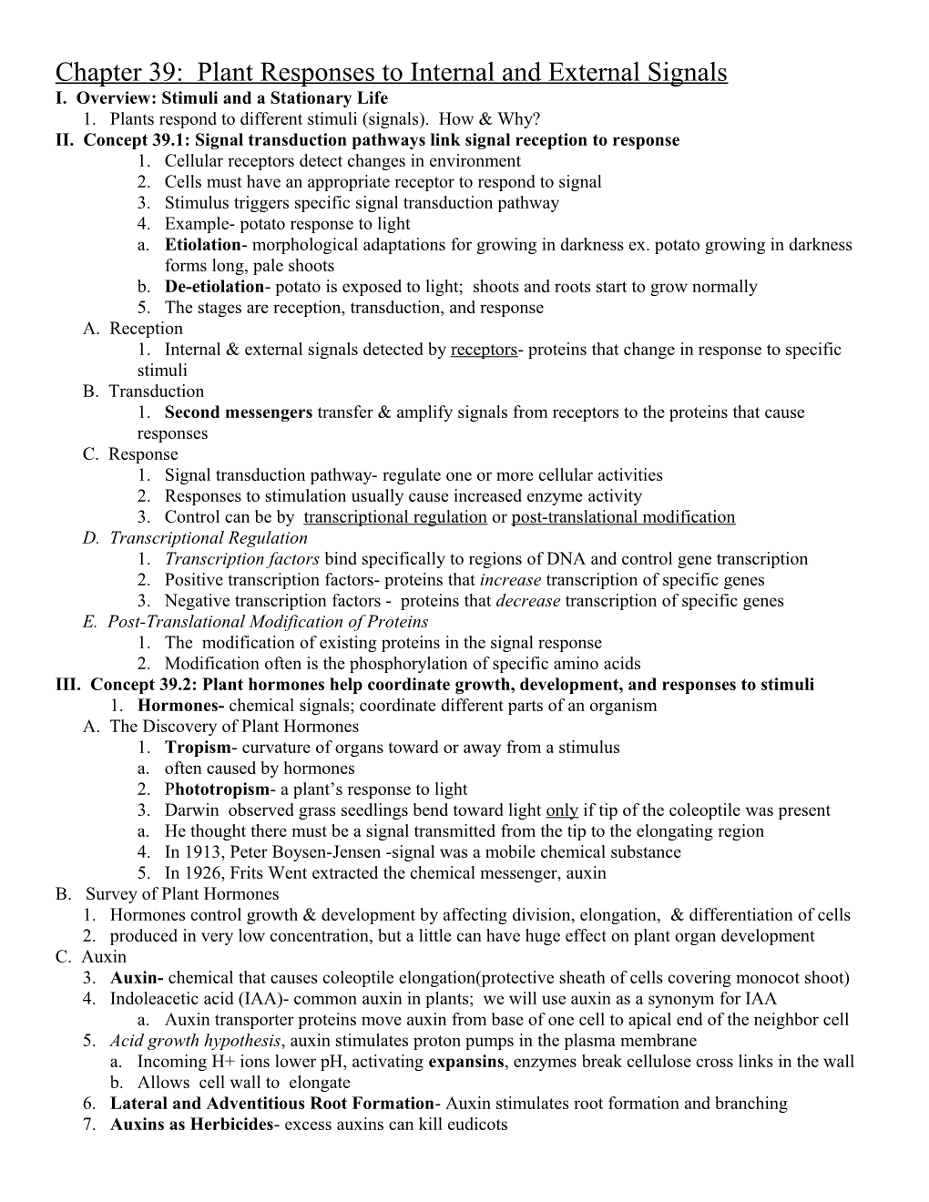 Chapter 39: Plant Responses to Internal and External Signals