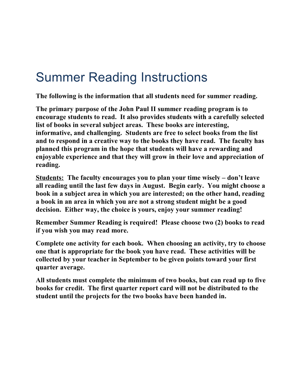 Summer Reading Instructions