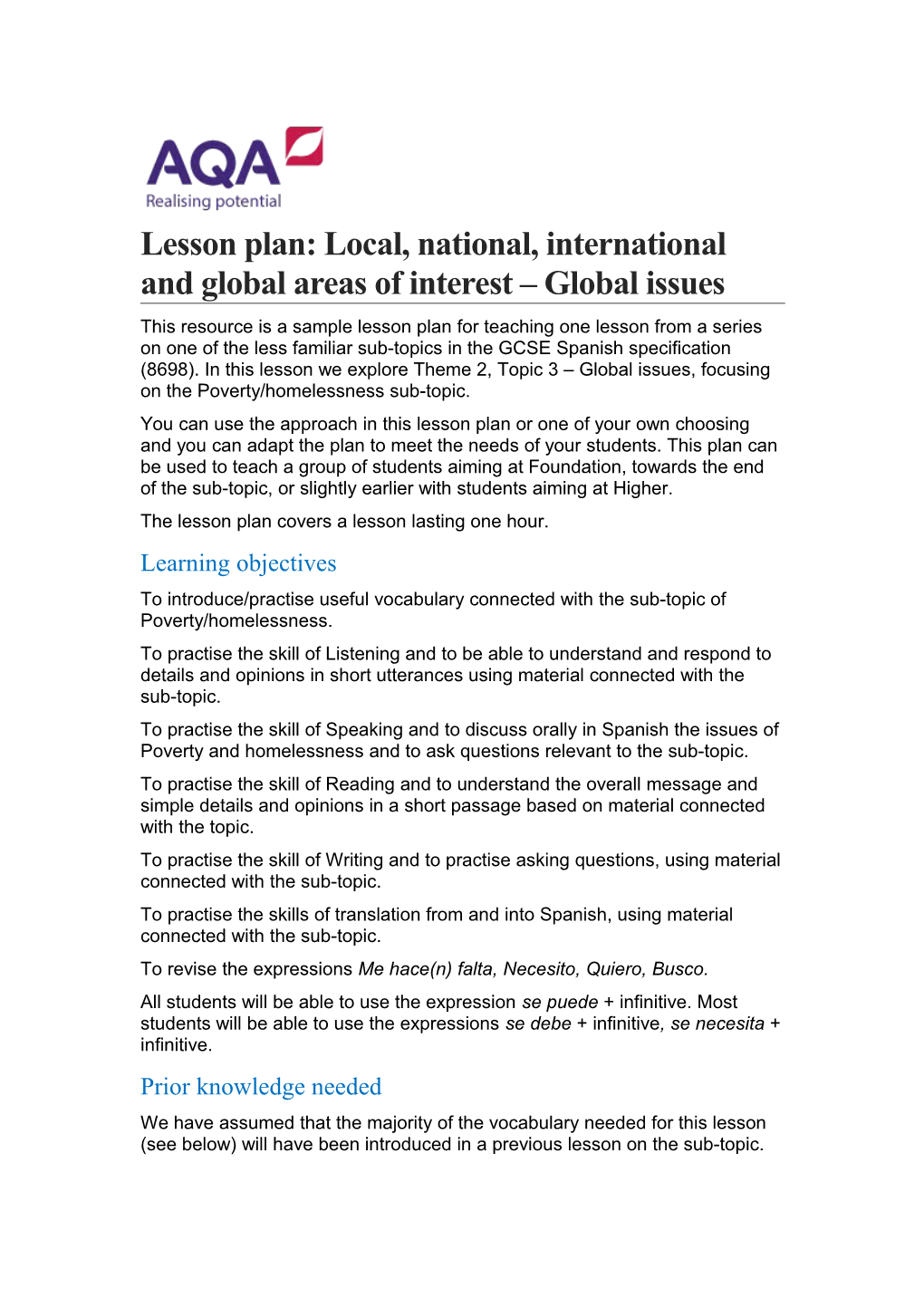 Lesson Plan: Local, National, International and Global Areas of Interest Global Issues