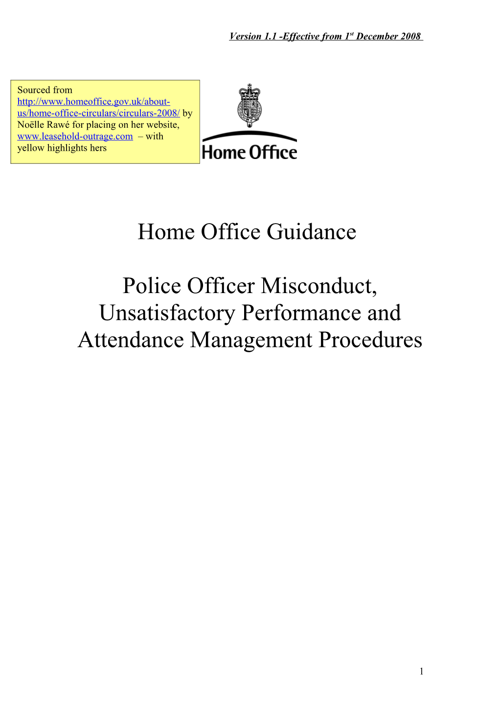 Home Office Guidance - Police Officer Misconduct, Unsatisfactory Performance and Attendance