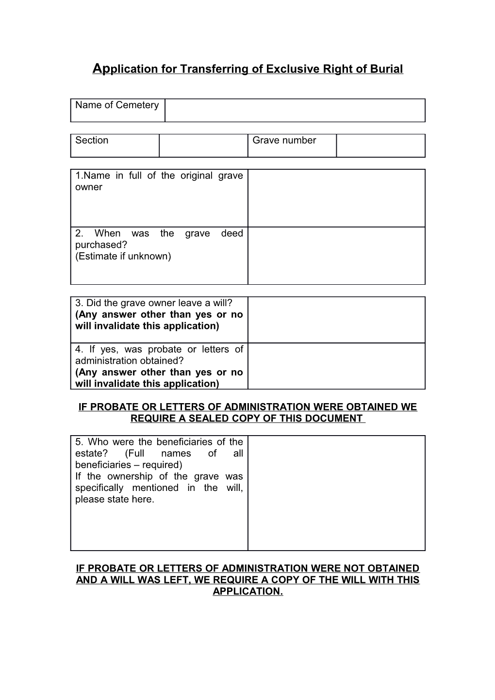 Application for Transferring of Exclusive Right of Burial