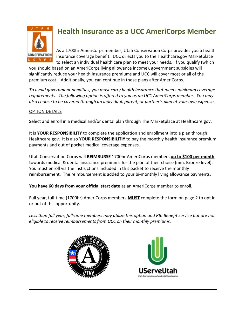 Health Insurance As a UCC Americorps Member