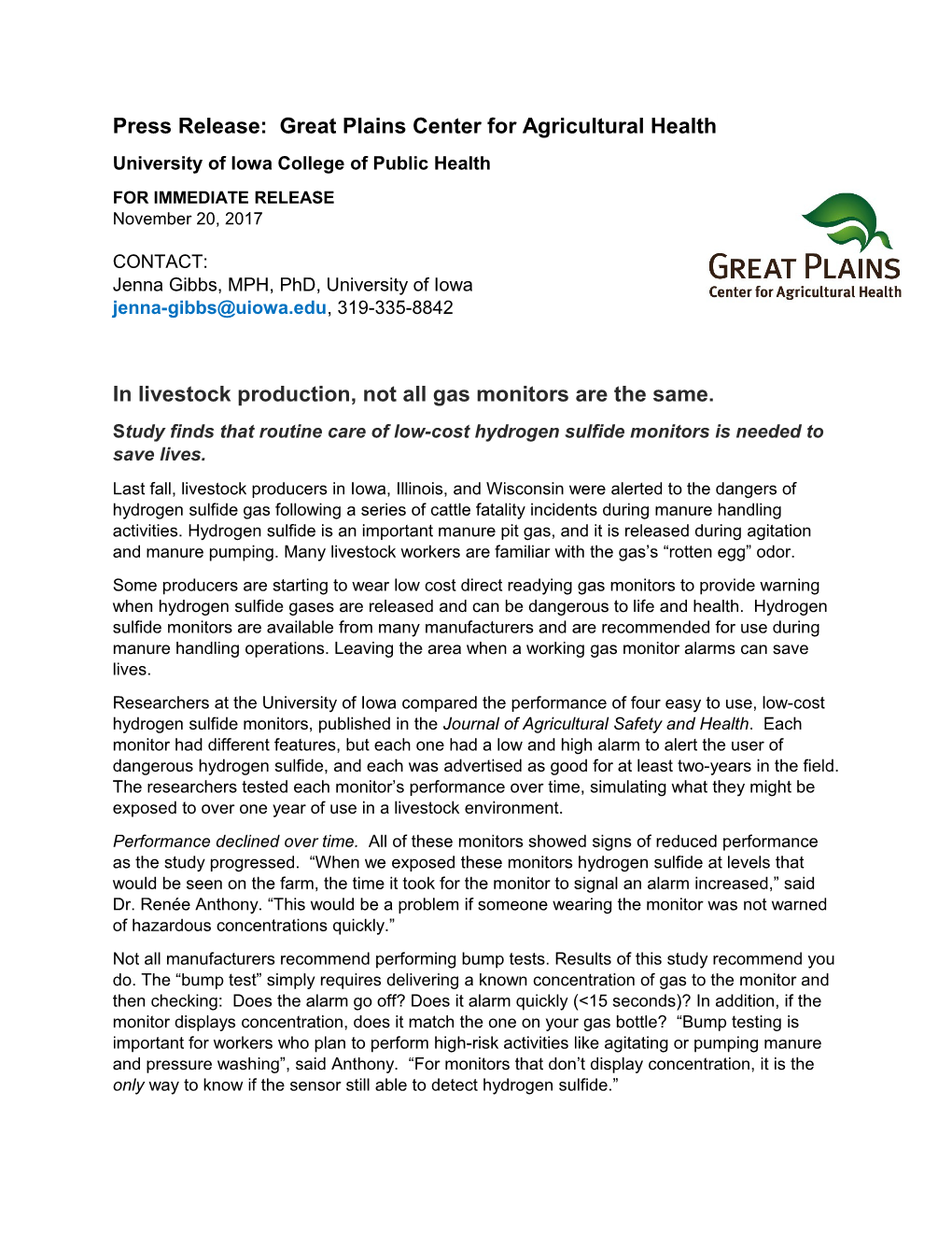 Press Release: Great Plains Center for Agricultural Health