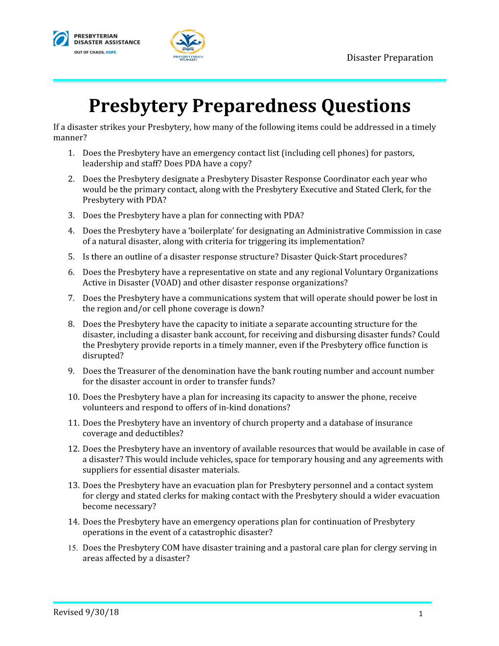 Presbytery Preparedness Questions