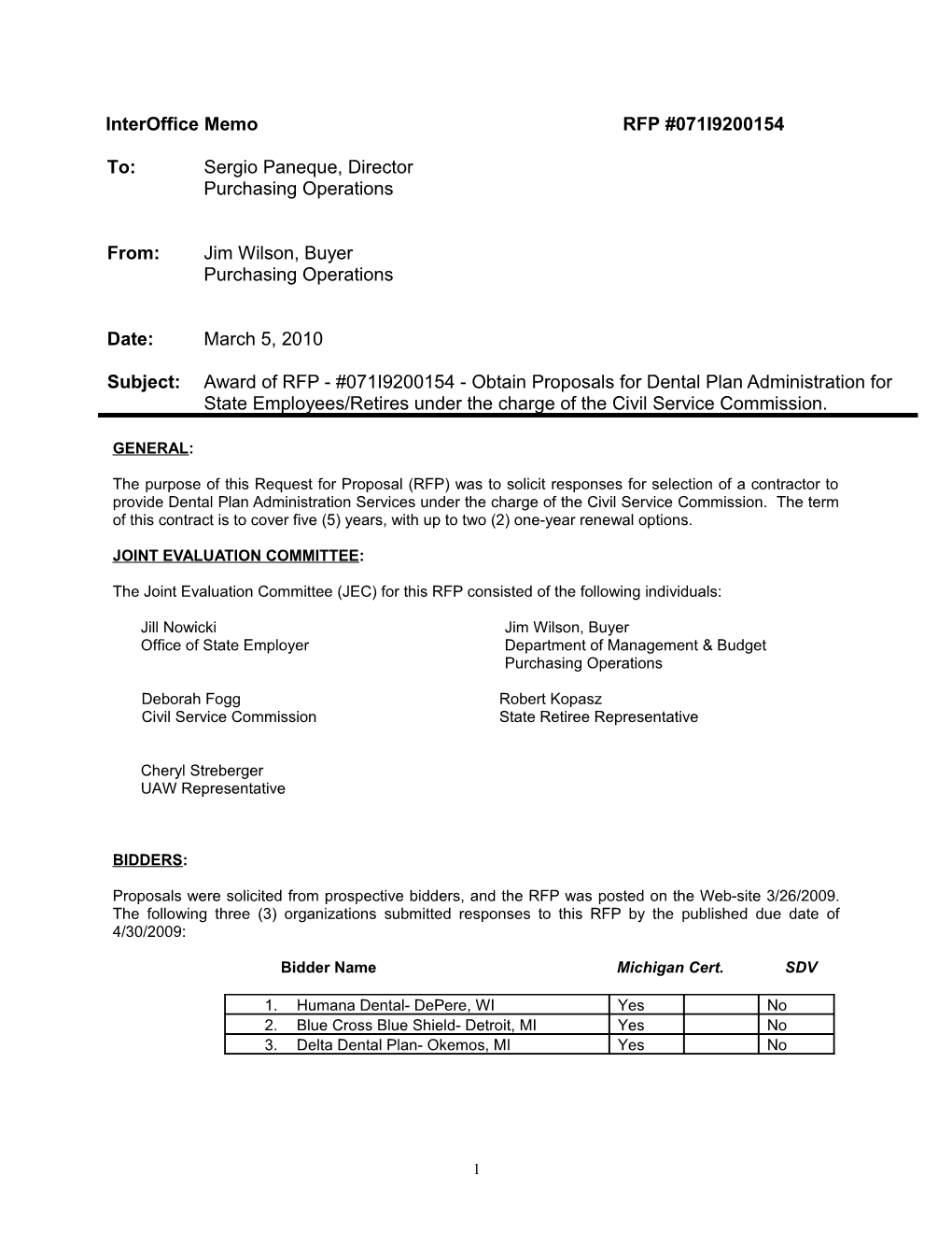 Interoffice Memo RFP #071I9200154