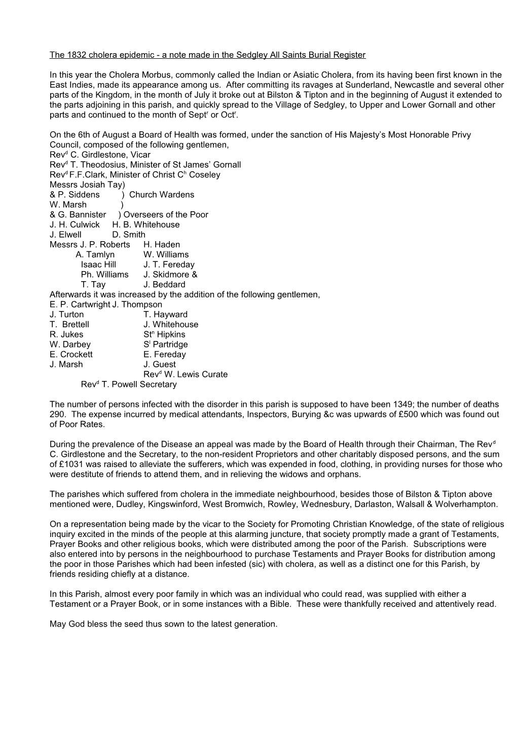 The 1832 Cholera Epidemic - a Note Made in the Sedgley All Saints Burial Register