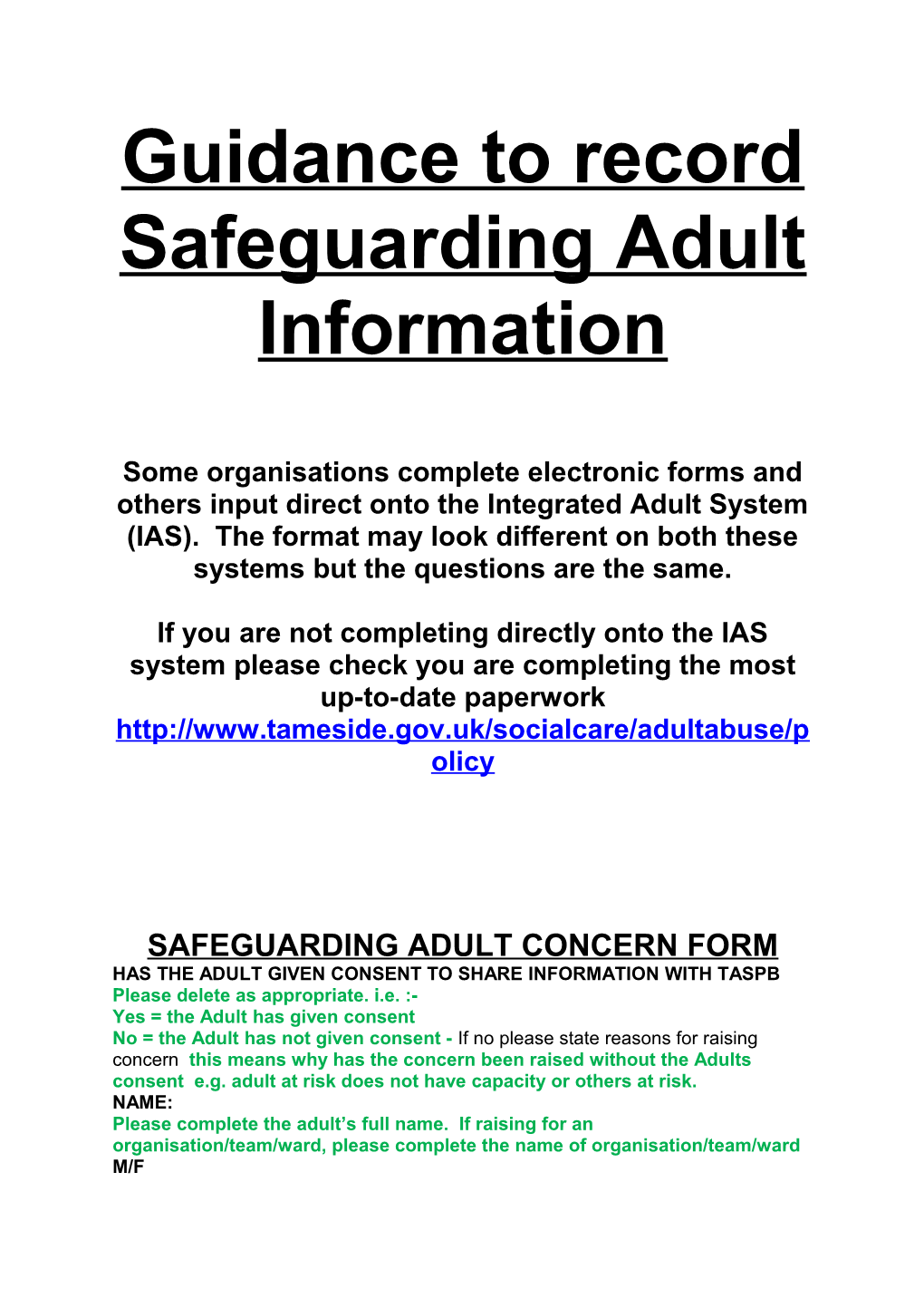 Guidance to Record Safeguarding Adult Information